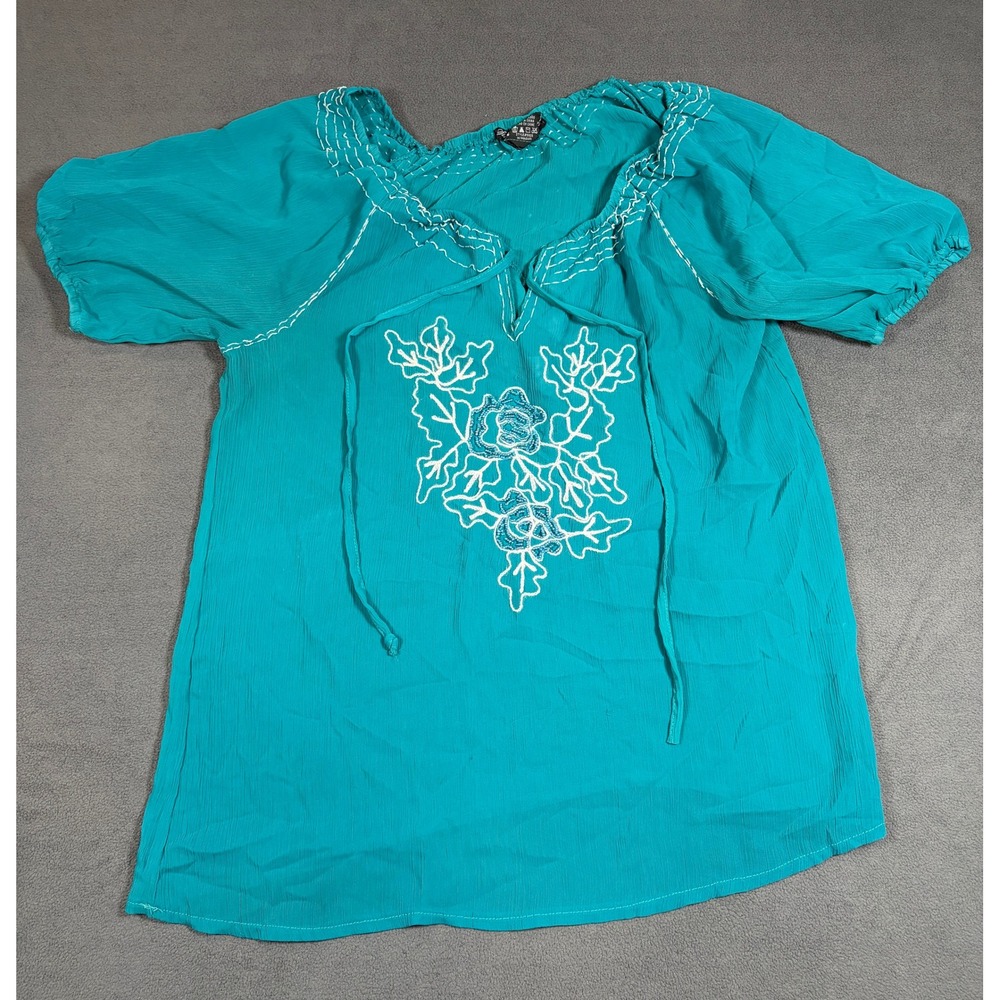 Simply Irresistible Blouse Womens Medium Teal Floral Embroidered Peasant Top